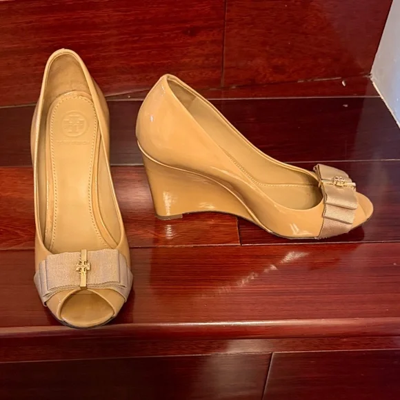 Tory Burch Tan Peep-Toe Wedges - Picture 3 of 5